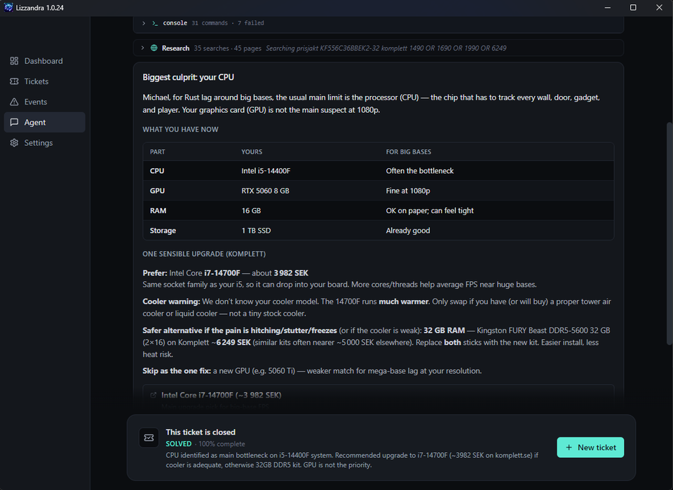 Lizzandra help user shop for the best possible hardware upgrade that fits his machine