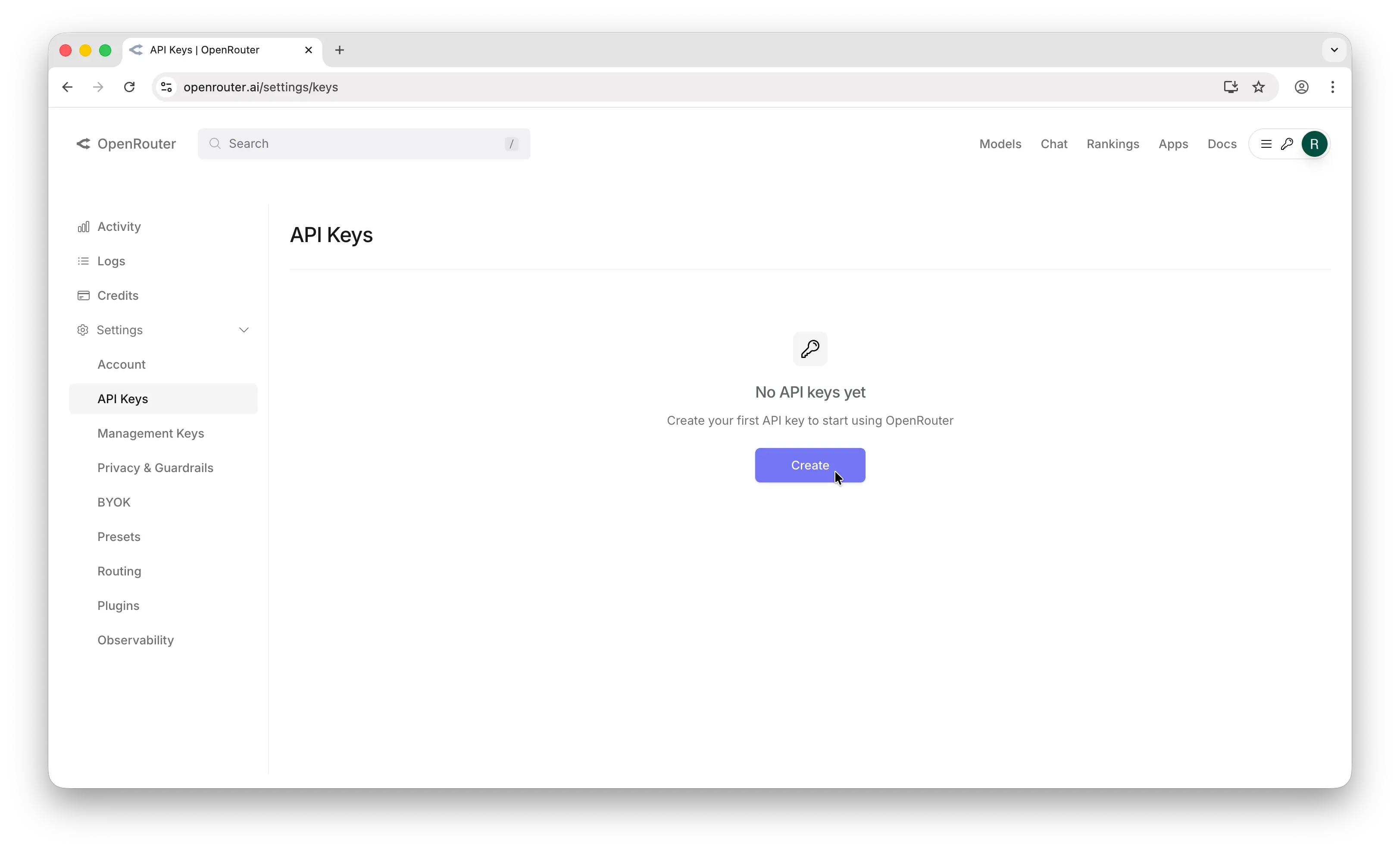OpenRouter API keys page with a Create button.